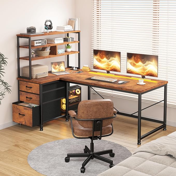 DurayLoly Office Desk with 3 Fabric Drawers & Shelf, Reversible L Shaped Desk Computer Desk with Remote LED Lights, Power Outlet and PC Stand for Home Office Desk, Corner Desk for Bedroom, Brown