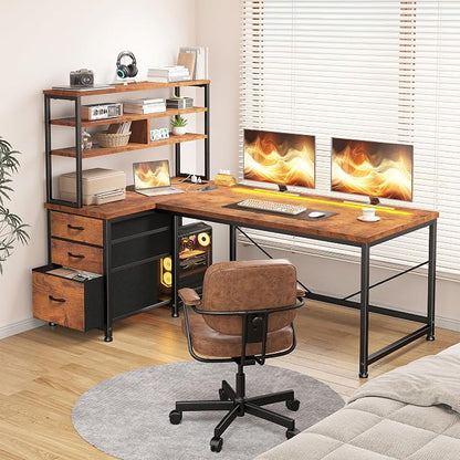 DurayLoly Office Desk with 3 Fabric Drawers & Shelf, Reversible L Shaped Desk Computer Desk with Remote LED Lights, Power Outlet and PC Stand for Home Office Desk, Corner Desk for Bedroom, Brown