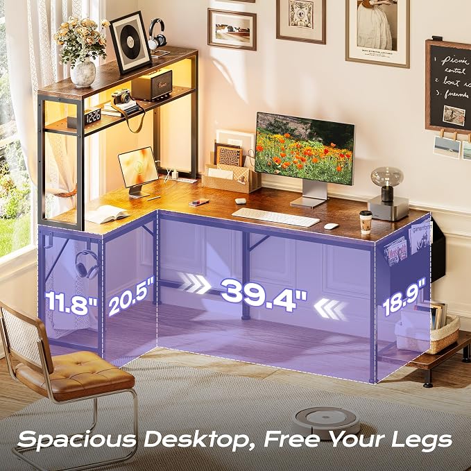PRAISUN L Shaped Gaming Desk with LED Lights & Power Outlets, Reversible Computer Desk with Storage Shelves & Bag, Large Corner Home Office Desk with Pegboard for Work from Home, Rustic Brown