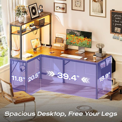PRAISUN L Shaped Gaming Desk with LED Lights & Power Outlets, Reversible Computer Desk with Storage Shelves & Bag, Large Corner Home Office Desk with Pegboard for Work from Home, Rustic Brown