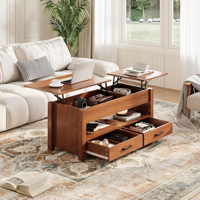 IDEALHOUSE 47.2" Coffee Table with Storage, Multi-Function Lift Top Coffee Table with Wooden Lift Tabletop, 2 Drawers and Hidden Compartment, Central Table for Living Room Home Office, Brown