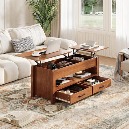 IDEALHOUSE 47.2" Coffee Table with Storage, Multi-Function Lift Top Coffee Table with Wooden Lift Tabletop, 2 Drawers and Hidden Compartment, Central Table for Living Room Home Office, Brown
