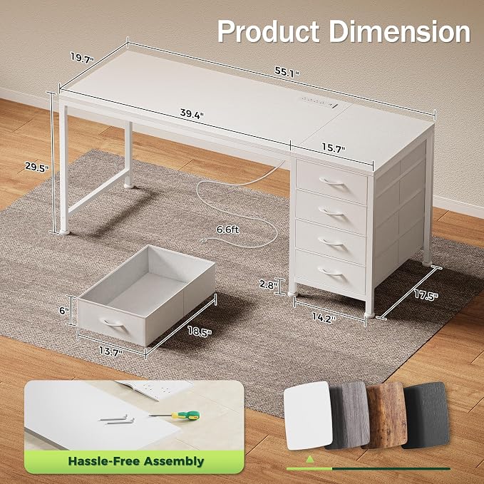 PRAISUN 55.1 Inch Computer Office Desk with Power Outelts and USB-C Port, Reversible Gaming Desk with 4 Fabric Drawers, Work Study Desk Work from Home, White