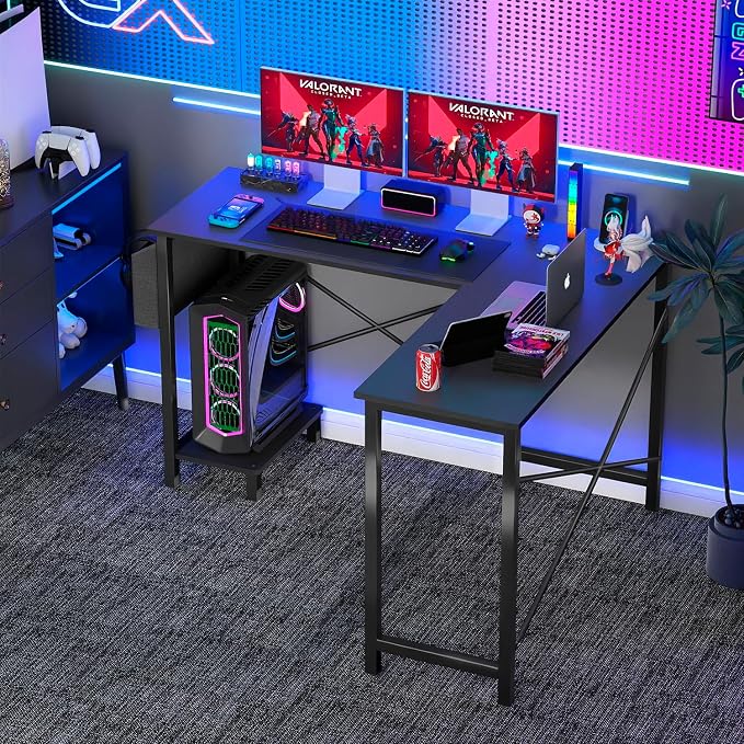 FDW 50 Inch L-Shaped Desk,Gaming Desk Computer Desk with Side Storage Bag & CPU Stand,Corner Desk for Home Office,Bedroom,Writing & Gaming,Black