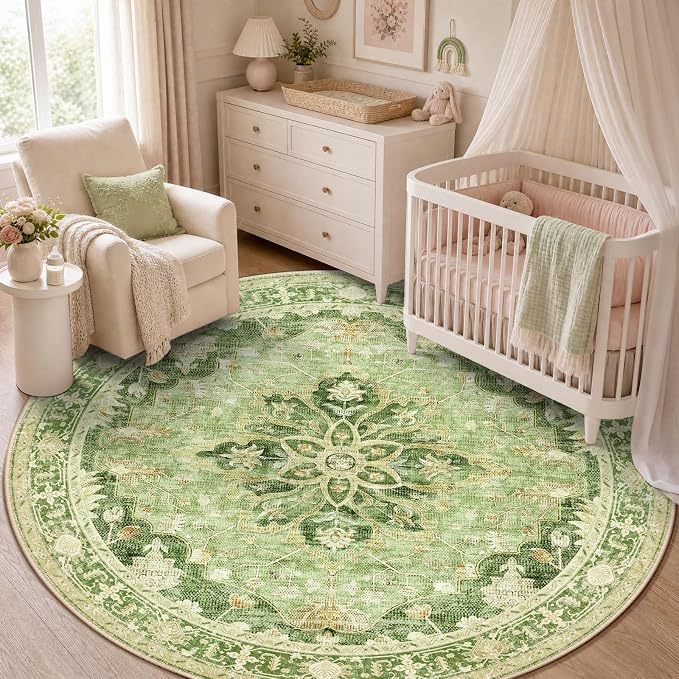 RELEANY Area Rugs Round 5ft Washable Non-Slip, Floral Vintage Distress Medallion Carpet for Living Room Bedroom Dining Room, Sage Green Yellow