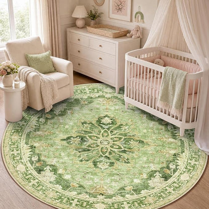 RELEANY Area Rugs Round 5ft Washable Non-Slip, Floral Vintage Distress Medallion Carpet for Living Room Bedroom Dining Room, Sage Green Yellow