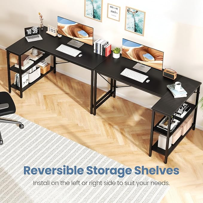 DUMOS L Shaped Desk 55 Inch Computer Desk Gaming Furniture Corner Desks Home Office PC Table with Reversible Storage Shelves for Writing Working Study Bedroom Dorm, Black