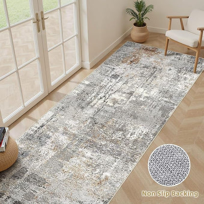 Runner Rug Kitchen Washable Rugs: 3x10 Non-Slip Abstract Soft Modern Stain Resistant Indoor Floor Neutral Accent Throw Carpet for Hallway Bathroom Laundry Room Entryway Bedroom- Gray Rust