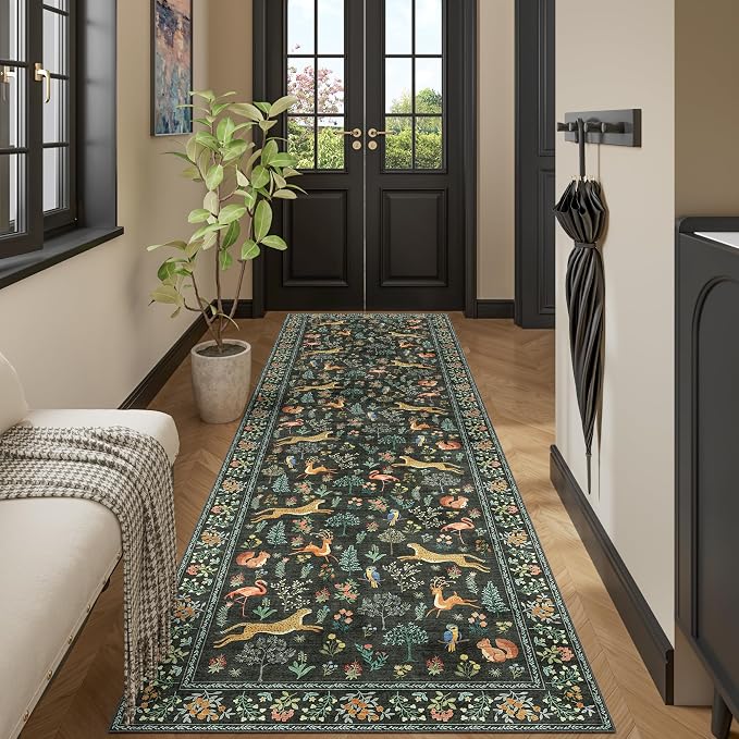 DUKINO 3x10 Washable Runner Rug for Hallway, Lightweight Long Kitchen Rug with Low Pile Design, Vintage Animal Non Shedding Thin Indoor Carpet for Entryway, Bathroom, Bedroom, Laundry Room, Black