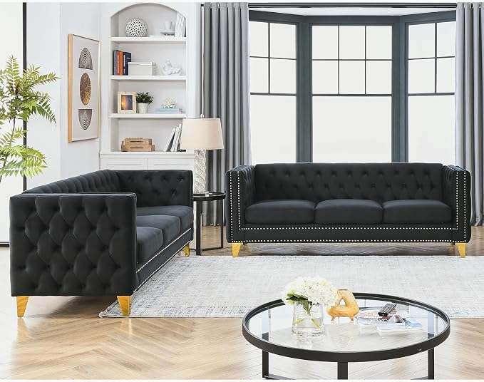 mikibama 2PC Velvet Sofa Couch Set for Living Room,Button Tufted 3 Seater Sofas Set of 2,Modern Upholstered 3-Seat Couches with Nailhead Trims,Golden Metal Legs for Bedroom