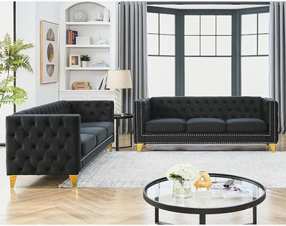 mikibama 2PC Velvet Sofa Couch Set for Living Room,Button Tufted 3 Seater Sofas Set of 2,Modern Upholstered 3-Seat Couches with Nailhead Trims,Golden Metal Legs for Bedroom