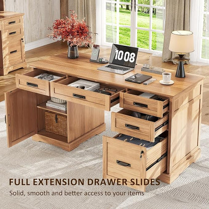 Whalefall 55'' Farmhouse Desk Home Office with Drawers, Light Walnut | Executive Computer Desk with File Cabinet and Charging Station, Wooden Small Desk with Locking Drawers Storage