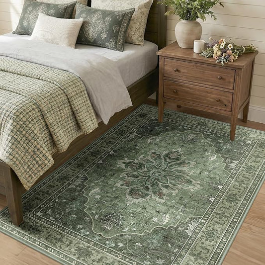 RELEANY Area Rugs 4'x5' Washable Non-Slip, Floral Vintage Distress Medallion Carpet for Living Room Bedroom Dining Room, Dark Green Gray