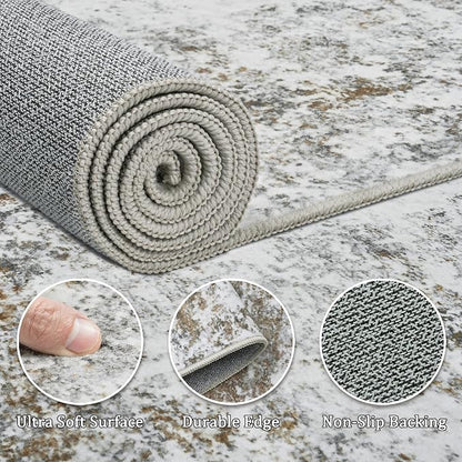 9x12 Area Rug Living Room Rugs - Washable Rug Large Modern Abstract Soft Thin Carpets Indoor Floor No Slip Vintage Carpet for Bedroom Under Dining Table Nursery Home Office Decor Gray Brown