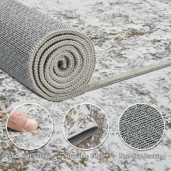 8x10 Area Rug Living Room Rugs - Washable Rug Large Modern Abstract Soft Thin Carpets Indoor Floor No Slip Vintage Carpet for Bedroom Under Dining Table Nursery Home Office Decor Gray Brown