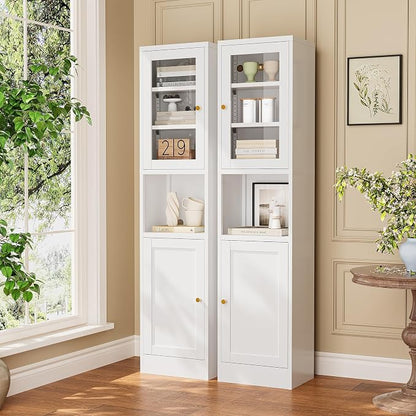 Narrow Glass Door Storage Cabinet Tall Metal Storage Cabinets with 4 Adjustable Shelves Freestanding 5 Tier Slim Pantry Cabinet for Kitchen Office Small Space
