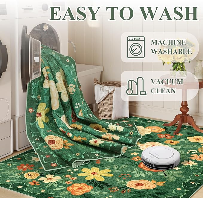 DUKINO 2x8 Runner Rug for Hallway, Washable Kitchen Runner Rug with Rubber Backing Non Slip, Low Pile Soft Boho Floral Thin Carpet for Entryway, Hallway, Bathroom, Laundry Room, Dark Green