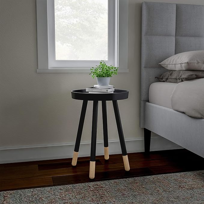 Lavish Home Round End Table – 2-Tone Wooden Mid-Century Modern Stand with Tray Top to Hold Drinks or Display Décor – Accent Table or Nightstand (Black)