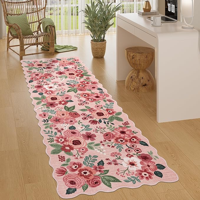 DUKINO 2x6 Runner Rug for Hallway, Washable Kitchen Rug with Non Slip Backing & Non-Shediing, Soft Low Pile Floral Design Runner for Bedroom, Kithchen, Living Room, Laundry, Bathroom, Pink