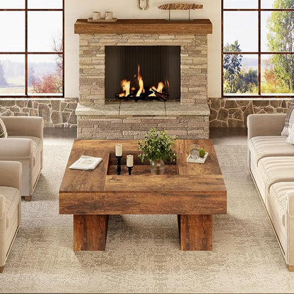 LVB Rustic Coffee Table, Large Wood Living Room Table with Storage, Modern Low Wide Square Led Center Table, Farmhouse Unique Tea Table with LED Light for bedroom Home Office, 39.37 Inch, Rustic Brown