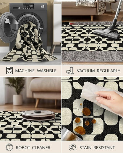 Latte&Fog 3x5 Entryway Rug, Vintage Washable Area Rug, Boho Non Slip Low Pile Throw Carpet for Indoor Bedroom Bedside, Kitchen, Entry and Living Room - Black Beige