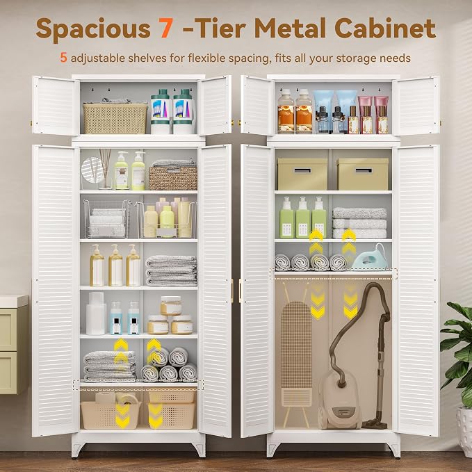 Polup Kitchen Pantry Cabinet, 90" Tall Metal Storage Cabinet, Food Pantry cabinets with Doors and Shelves, Steel Cabinets for Living Room, Dining, White,16" D x 32" W x 90" H, Assembly Required