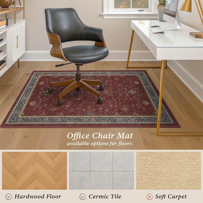 Turkish Boho Office Chair Mat for Hard Wood Floors, Burgundy Anti-Slip Floor Protector for Heavy Duty Computer Chair, 48"x60" Low Pile Under Desk Rug, Easy to Clean