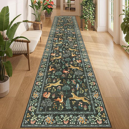DUKINO 2.6x12 Hallway Runner Rug, Vintage Washable Loog Kitchen Rug with Non Slip Backing, Stain Resistant & Low Pile Animal Print Floor Carpet for Indoor Entrance Bathroom, Laundry, Bedroom, Black