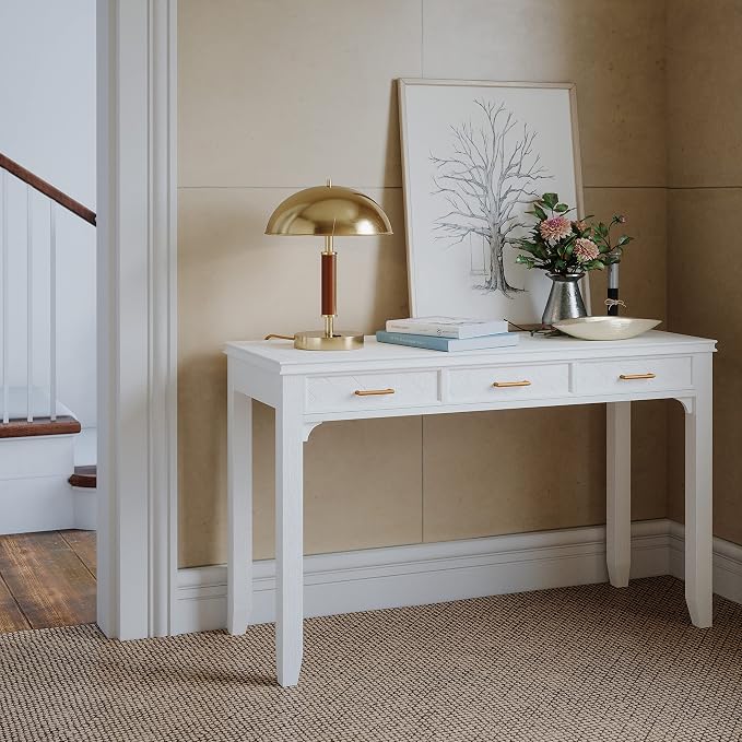 Jofran Mid-Century Modern Acacia Wood Writing Desk with 3 Drawers and USB Charging Port, 48 Inch Computer Desk for Home Office Work, Blanc