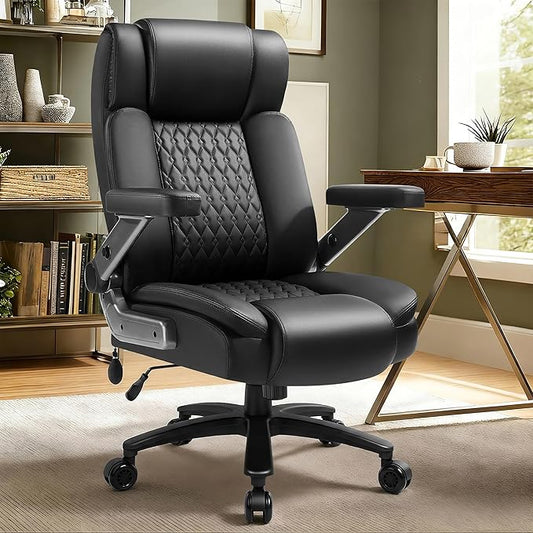 Big and Tall Office Chair 600lbs with 5D Flip Arms, Heavy Duty Executive Office Chairs, Ergonomic Desk Chair with Adjustable Lumbar Support & Rubber Wheels, PU Leather, Black