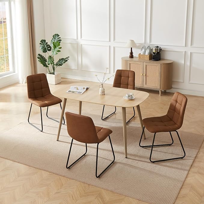 HIPIHOM Modern 4-Piece Dining Table Set for 4 | 55-Inch Wood Kitchen Table & 4 Brown Leather Chairs | Space-Saving Dining Set for Small Spaces, Breakfast Nook, Dining Room