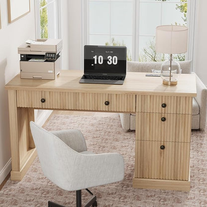 Garvee Fluted Home Office Desk with File Drawer, 54" Modern Executive Desk with Charging Station, Wooden Computer Writing Desk for Home Office, Study Room, Oak