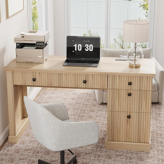 Garvee Fluted Home Office Desk with File Drawer, 54" Modern Executive Desk with Charging Station, Wooden Computer Writing Desk for Home Office, Study Room, Oak