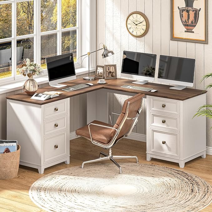 Vabches Farmhouse L Shaped Executive Desk with 6 Drawers, 59’’ Wood Home Office Desk with File Cabinet, Writing Corner Computer Desk for Home Office, Work, Study, White and Brown