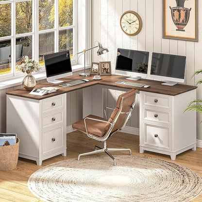Vabches Farmhouse L Shaped Executive Desk with 6 Drawers, 59’’ Wood Home Office Desk with File Cabinet, Writing Corner Computer Desk for Home Office, Work, Study, White and Brown