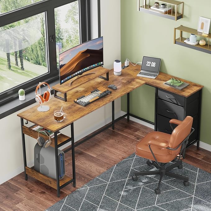DEVAISE 66 Inch L Shaped Gaming Desk with Drawers and Storage, Corner Desk with LED Lights, Power Outlets, Computer Desk with Monitor Stand, Office Desk for Home, Rustic Brown