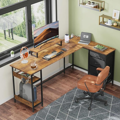 DEVAISE 66 Inch L Shaped Gaming Desk with Drawers and Storage, Corner Desk with LED Lights, Power Outlets, Computer Desk with Monitor Stand, Office Desk for Home, Rustic Brown