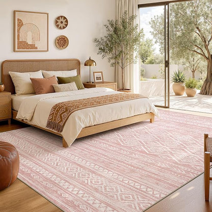 Nakagishi Area Rug Living Room Rugs: 9x12 Large Soft Machine Washable Boho Moroccan FarmNeutral Stain Resistant Indoor Floor Carpet for Bedroom Under Dining Table Home Office Decor-Pink