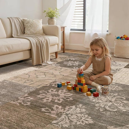 UERMEI 6x9 Area Rug for Living Room, Washable Brown Modern Geometric Patchwork Non Slip Stain Resistant Low Pile Foldable Carpet for Bedroom Dining Farmhouse Home Office
