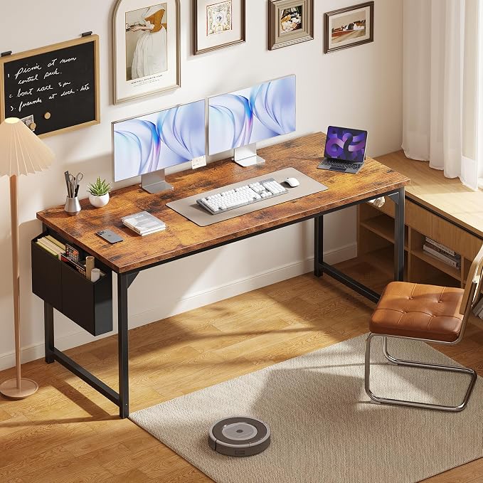 OLIXIS 63 Inch Computer Desk for Home Office, Writing Study Craft Gaming Table, Modern Computer Workstation with Storage Bag and Headphone Hook for Bedroom Small Spaces, Rustic Brown