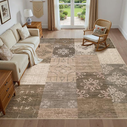UERMEI 8x10 Area Rug for Living Room, Washable Brown Modern Geometric Patchwork Non Slip Stain Resistant Low Pile Foldable Carpet for Bedroom Dining Farmhouse Home Office