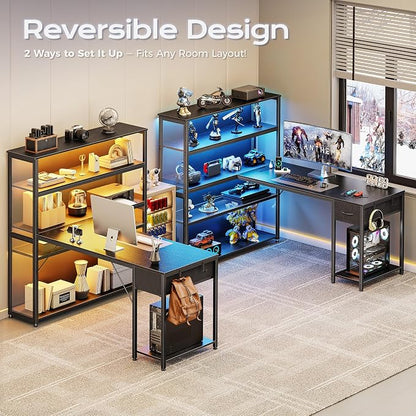 PRAISUN 57 Inch L Shaped Gaming Computer Desk with Larger Open Cabinet, Reverisble Office Desk with Power Outlets, LED Lights, Work Desk, Fabric Drawer, Adjustable Wood and Mesh Shelf, Black