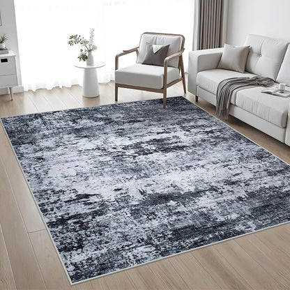 8x8 Area Rug Living Room Rug: Washable Modern Abstract Soft Thin Rug Indoor Floor No Slip Stain Resistant Carpet for Bedroom Dining Room Farmhouse Nursery Home Office - Black