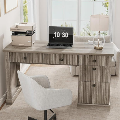 Garvee Fluted Home Office Desk with File Drawer, 54" Modern Executive Desk with Charging Station, Wooden Computer Writing Desk for Home Office, Study Room, Grey