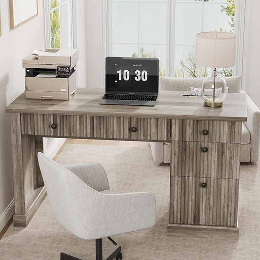 Garvee Fluted Home Office Desk with File Drawer, 54" Modern Executive Desk with Charging Station, Wooden Computer Writing Desk for Home Office, Study Room, Grey
