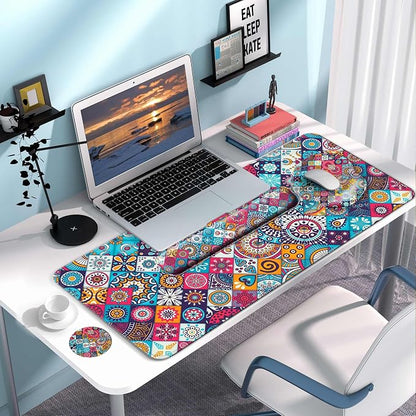 Desk Pad Keyboard Wrist Rest and Mouse Pad Coaster Set,Large XXL Desk Mat Matt Cover Ergonomic Mousepad with Memory Foam for Women Desktop Computer & Office -Mexican Style