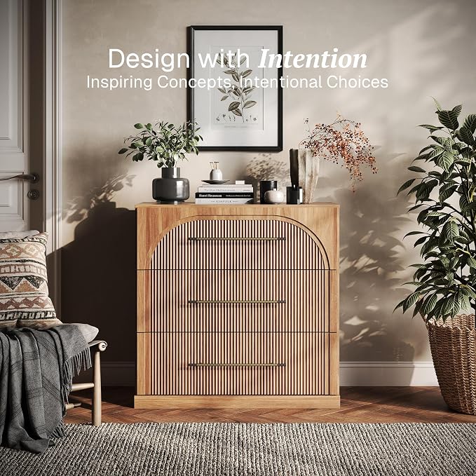BELLEZE 32.5" Kitchen Storage Cabinet with 3 Drawers,Freestanding Accent Cabinet with Fluted Arched Design & Gold Handles,Modern Credenza for Living Room,Dining Room,Entryway - Camel