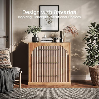 BELLEZE 32.5" Kitchen Storage Cabinet with 3 Drawers,Freestanding Accent Cabinet with Fluted Arched Design & Gold Handles,Modern Credenza for Living Room,Dining Room,Entryway - Camel