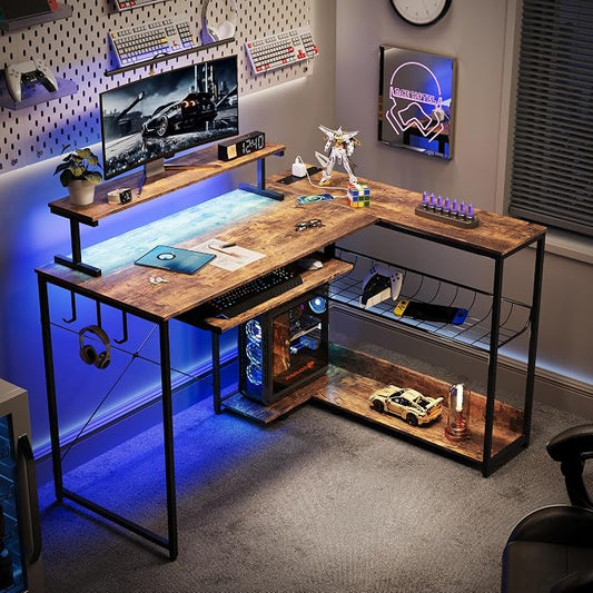 L Shaped Gaming Desk with Power Outlets & RGB Lights, 46'' L- Shaped Desk Computer Corner Desk with Monitor Stand & Storage Shelf & Hook, Home Office Desk Writing Desk, Brown
