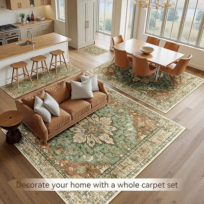 RELEANY Area Rugs 6'x9' Washable Non-Slip, Floral Vintage Distress Medallion Carpet for Living Room Bedroom Dining Room, Terracotta Burnt Orange Green